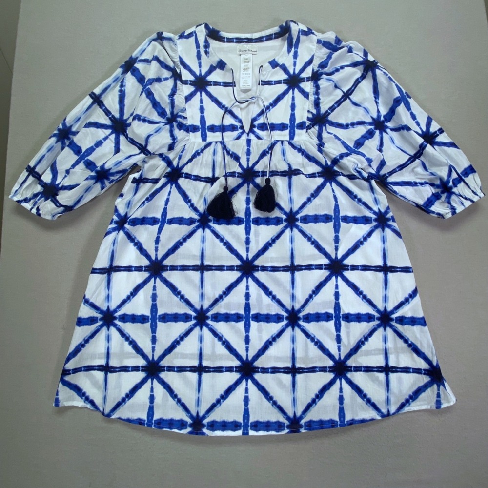 Tommy Bahama Womens Blue White Tie Dye Tassel Tunic Top‎ S